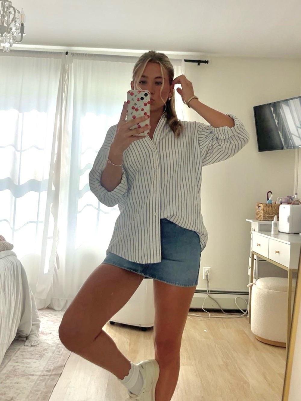 L.L. Bean White Button-Down with Blue Pinstripes